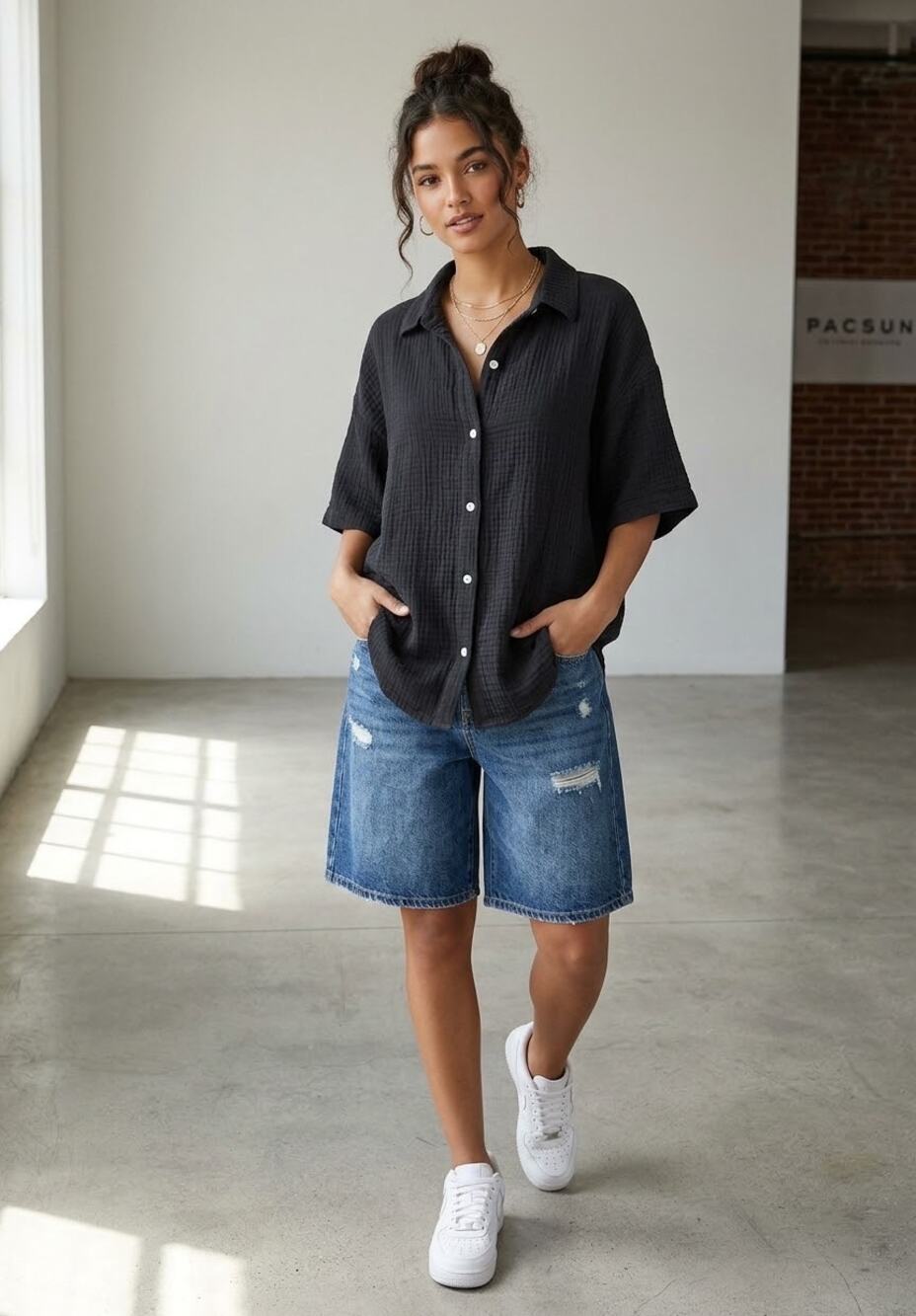 PacSun Women's Black Cropped Boxy Gauze Camp Shirt Large Button Up Resort